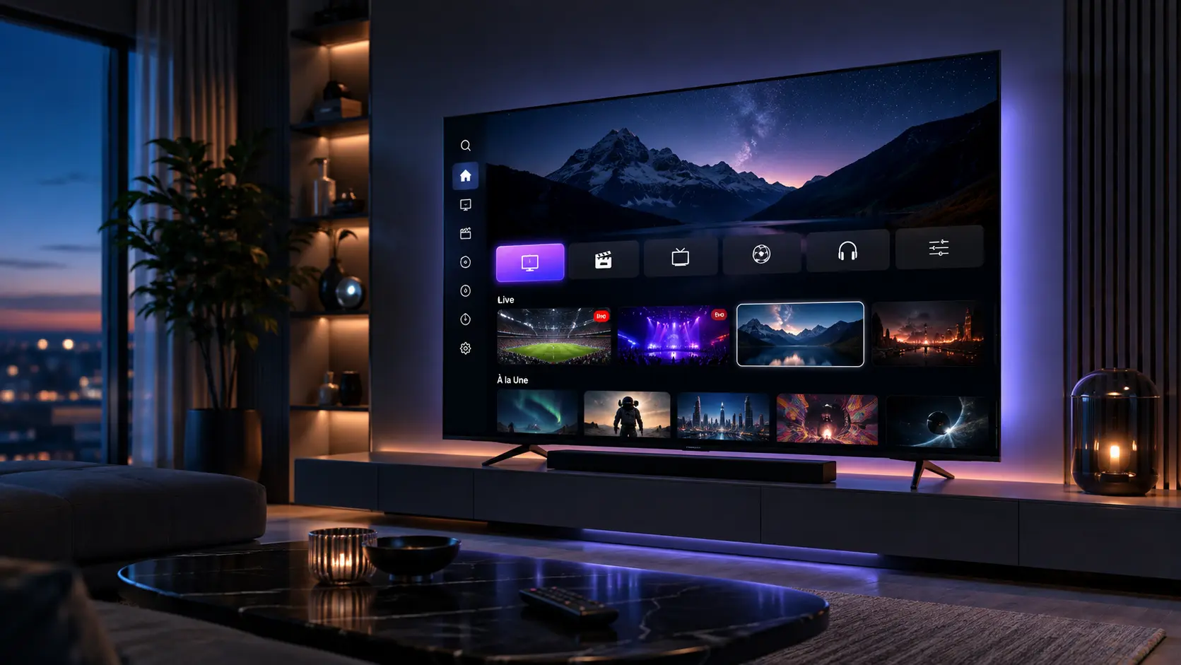 Téléviseur 4K affichant une interface de streaming générique dans un salon moderne