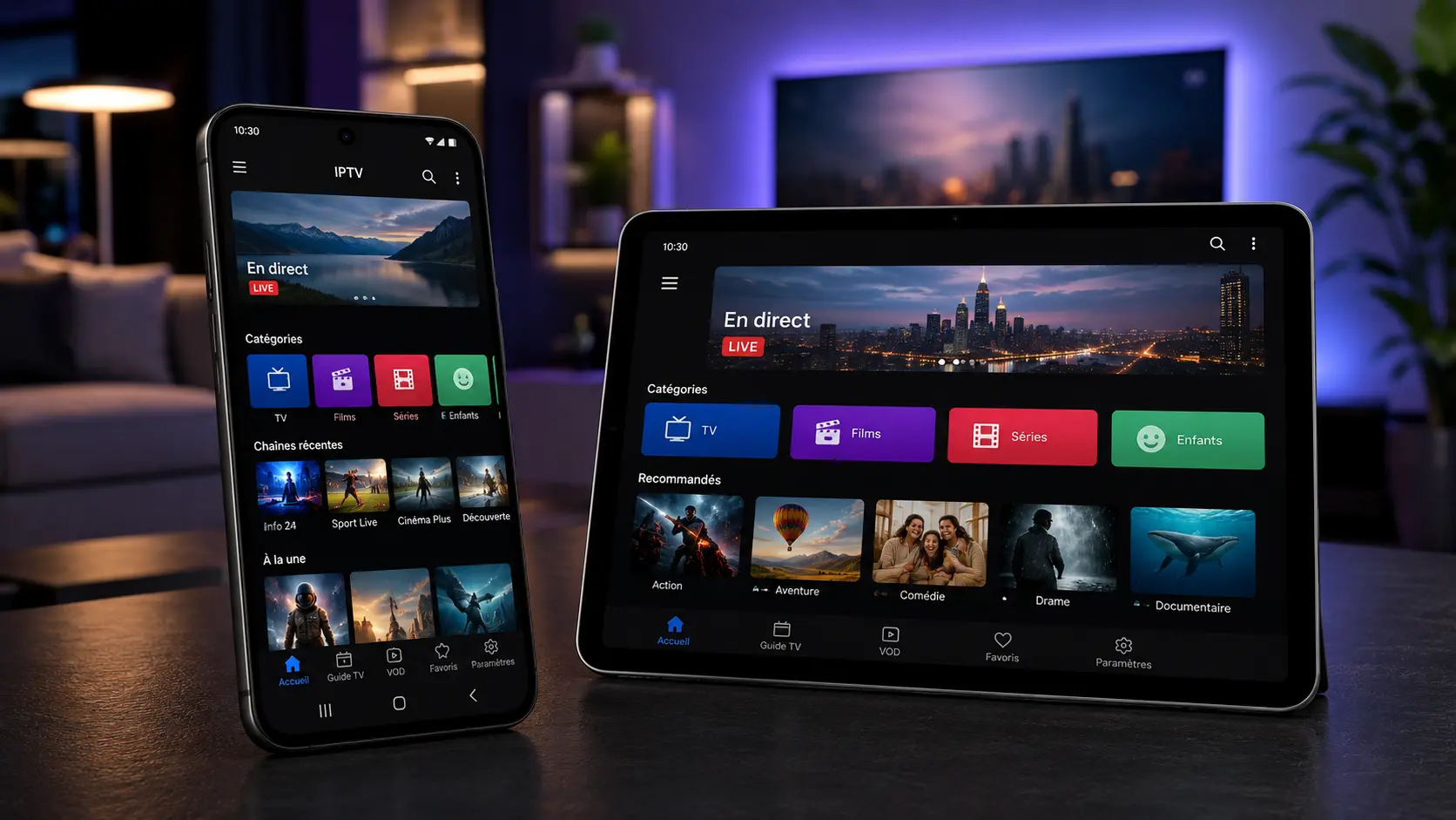 Smartphone et tablette Android affichant une interface IPTV fictive dans un salon moderne