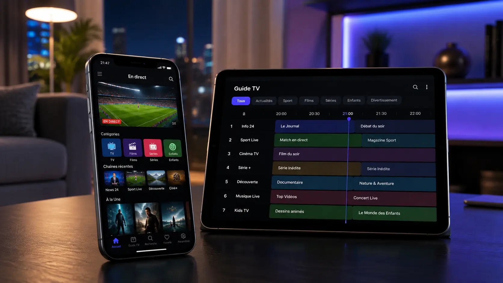iPhone et iPad affichant une interface IPTV fictive dans un salon moderne
