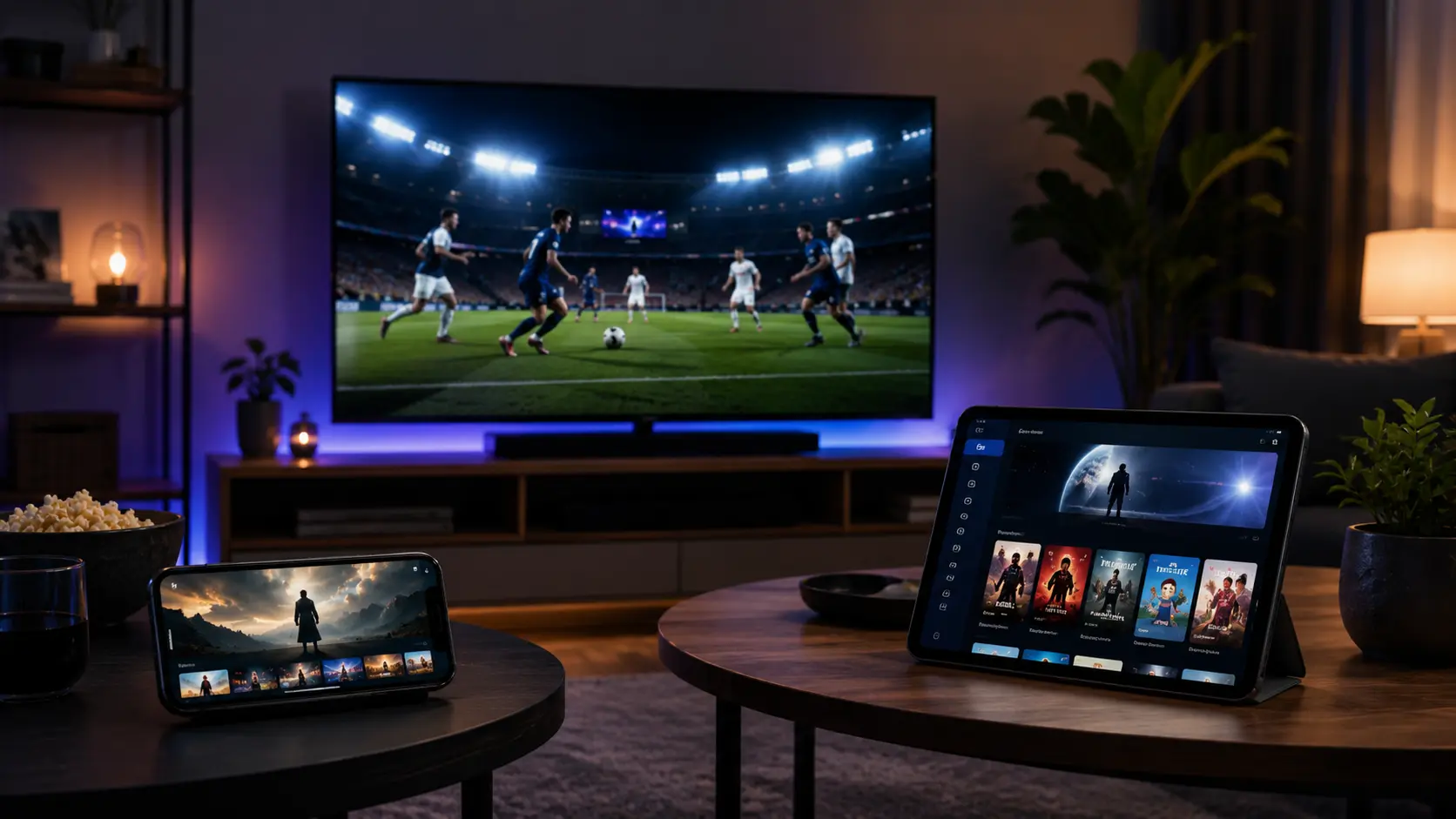 Télévision, smartphone et tablette affichant chacun une interface vidéo dans un salon moderne