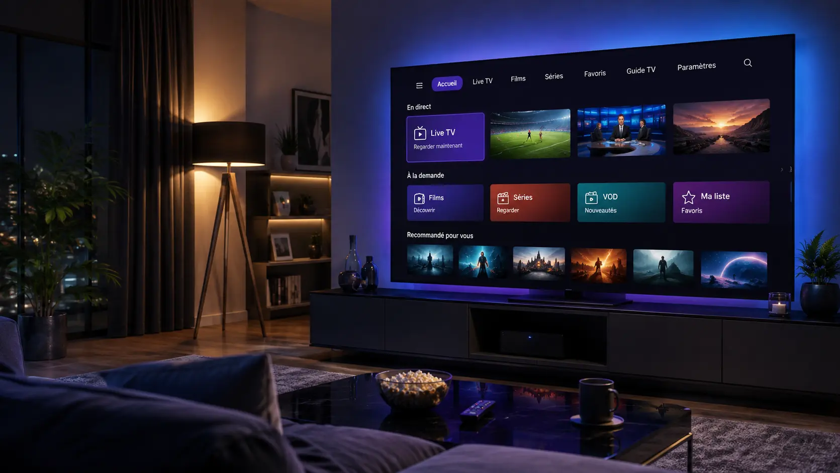 Salon moderne avec téléviseur affichant une interface de streaming générique