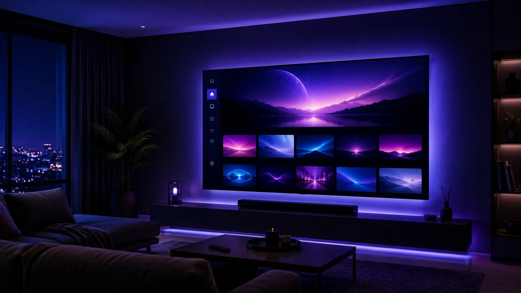 Salon home cinéma avec télévision et interface de contenu à la demande